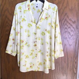 CAbi Pale Yellow Button-Front Floral Go To Blouse w/Olive & Pink Accents #6294